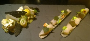 Two of the raw dishes (Razor Clams and Trout)